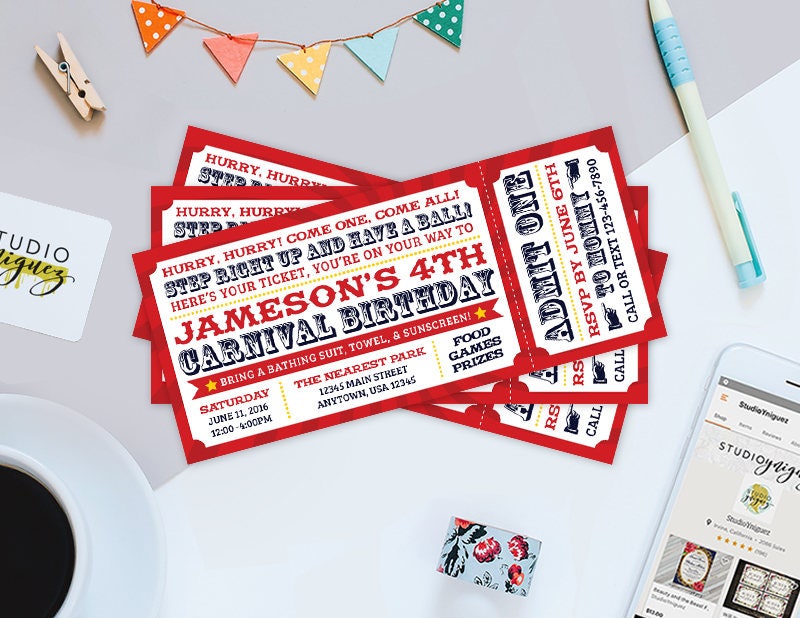 carnival ticket printable 8 x 35 birthday etsy