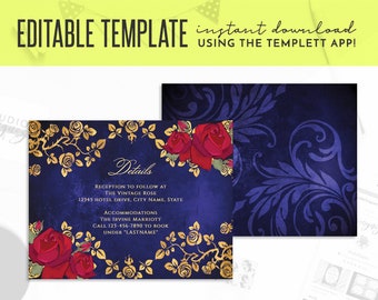 Beauty and the Beast Gold Frame And Roses Fairy Tale Printable 5.5&quot; x 4.25&quot; Editable Template Details Card, Templett Details Card, Printable