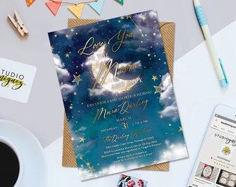 Love You to the Moon Baby Shower 5" x 7" Invitation, Moon and Stars Shower Printable Invitation, Over the Moon Baby Shower Invitation