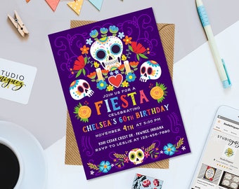 Dia De Los Muertos Party Printable Invitation, Day of the Dead Printable 5" x 7" Party Invitation, Fiesta Theme Digital Invitation