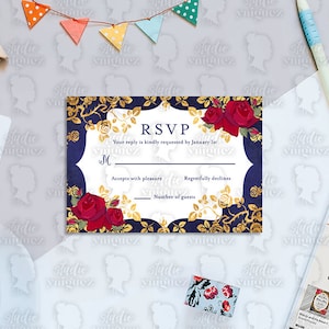 La Belle et la Bête Conte de fées imprimable 5 « x 3,5 » Carte RSVP, Red Roses Gold Frame Mirror Wedding RSVP, Fichier numérique uniquement