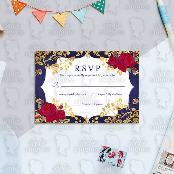 Beauty and the Beast Fairy Tale Printable 5" x 3.5" RSVP card, Red Roses Gold Frame Mirror Wedding RSVP, Digital File Only