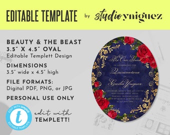 Beauty and the Beast Oval Gold Frame And Roses Fairy Tale Printable 3.5" x 4.5" Editable Template Invitation, Oval Templett Invitation