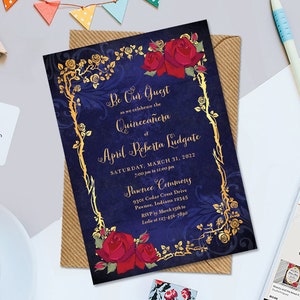 Beauty and the Beast Fairy Tale Birthday Printable 5 x 7 Invitation, Red Roses Gold Frame Birthday Invitation, School Dance Prom Invite image 1