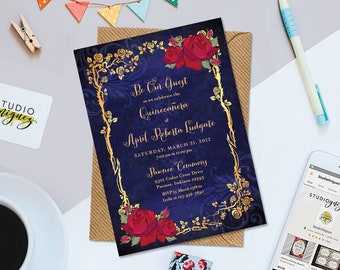 Beauty and the Beast Fairy Tale Birthday Printable 5" x 7" Invitation, Red Roses Gold Frame Birthday Invitation, School Dance Prom Invite