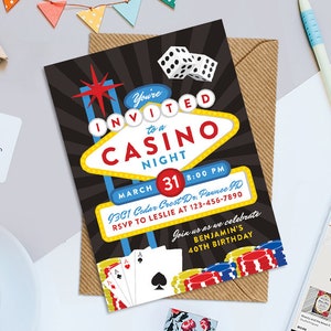 Casino Night Printable  5&quot; x 7&quot; Birthday Invitation, Poker Night Birthday Invitation, Vegas Theme Birthday Invitation, Digital File Only