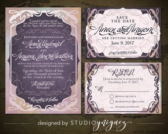 Elven Wedding Printable Invitation Suite, Art Nouveau Printable Invitation, Save the Date, Response Card