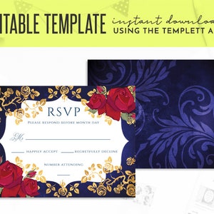La bella e la bestia cornice dorata e rose fiaba stampabile 5,5 x 4,25" modello modificabile RSVP, Templett RSVP, stampabile
