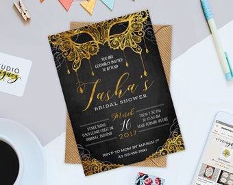 Masquerade Bridal Shower Bachelorette Printable 5" x 7" Invitation, Bridal Shower Masquerade Invitation, Masquerade ball