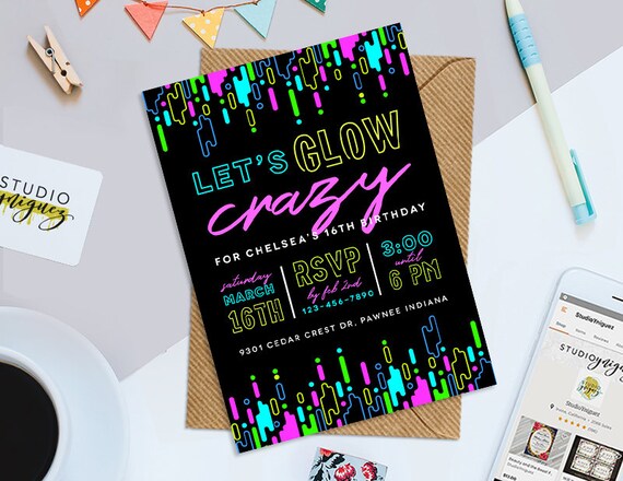 Glow Party Birthday Party Printable Invitation 80s Neon - Etsy