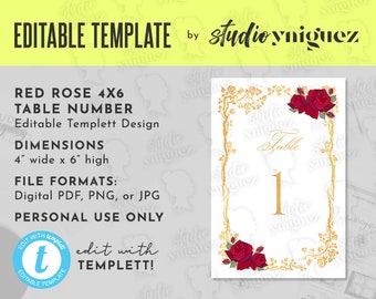 Beauty and the Beast Gold Frame And Roses Fairy Tale Printable 4" x 6" Editable Table Numbers, Templett Table Numbers, PDF or JPG Only