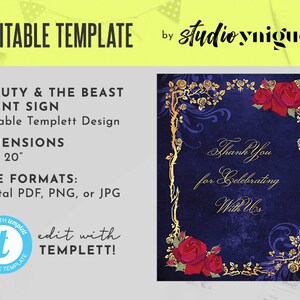 La bella e la bestia cornice dorata e rose fiaba stampabile 16" x 20" modello modificabile segno di evento, segno di regalo, segno di matrimonio, file digitale