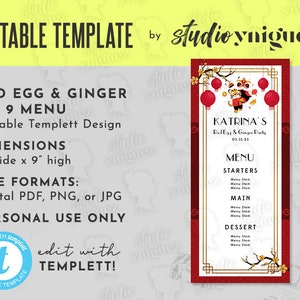 Red Egg & Ginger Aniversário Editável Menu 4 x 9, Red Egg e Ginger Editável Templett Menu 4" x 9", Menu Red Egg Editável, Editar com Templett
