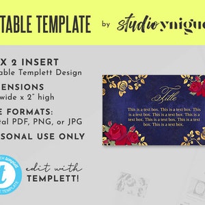La Bella e la Bestia cornice dorata e rose fiaba stampabile 3,5" x 2" scheda modello modificabile, inserto Templett, etichetta, tag, file stampabile