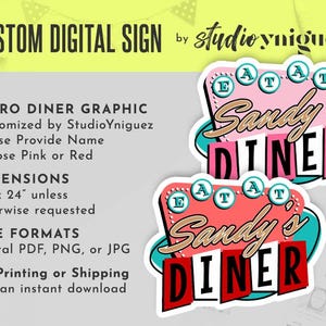 Letrero retro personalizado para restaurante, letrero personalizado para fiesta de cumpleaños, letrero digital retro para restaurante de 24" x 18", letrero retro de los años 50, letrero para fiesta de baile, archivo digital