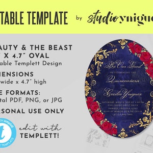 Beauty and the Beast Oval Gold Frame And Roses Fairy Tale Printable 3.7&quot; x 4.7&quot; Editable Template Invitation, Oval Templett Invitation