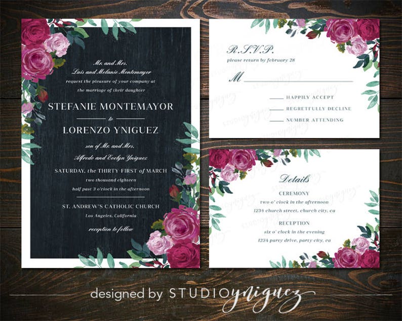 Digital Wedding Invitation Suite Marsala Navy Wedding Printable Invitation Set Classic Floral Wedding Printable Invitation Suite