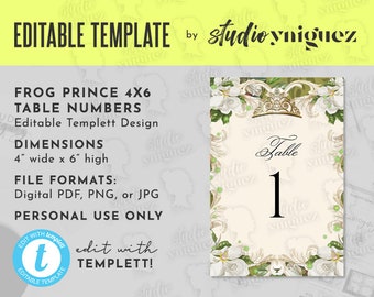 The Frog Prince Editable Table Numbers, Frog Prince Magnolia Printable 4" x 6" Editable Templett Table Numbers, Table Numbers, Digital File