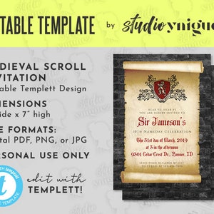 Medieval Knight Scroll Editable 5&quot; x 7&quot; Editable Template Invitation, Birthday Invitation Template, Medieval Birthday Invite, Digital File