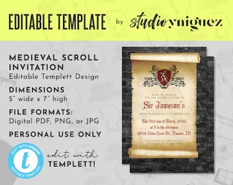 Medieval Knight Scroll Editable 5" x 7" Editable Template Invitation, Birthday Invitation Template, Medieval Birthday Invite, Digital File