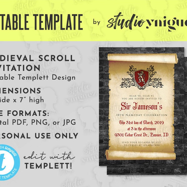 Medieval Knight Scroll Editable 5" x 7" Editable Template Invitation, Birthday Invitation Template, Medieval Birthday Invite, Digital File