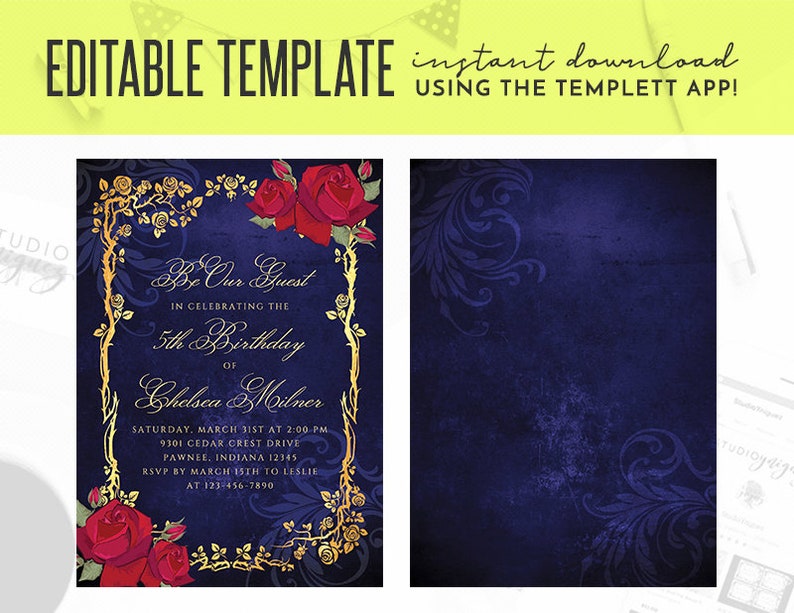 Beauty and the Beast Gold Frame And Roses Fairy Tale Printable 5 x 7 Editable Template Birthday Invitation, Templett Invitation, Printable image 1