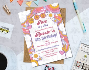 Groovy Vibes Birthday Printable 5" x 7" Birthday Invitation, Retro Birthday Invitation, Good Vibes Birthday Invitation, Digital Invitation