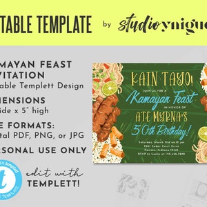 Kamayan Feast Birthday Party Editable Invitation, Filipino Fiesta Editable Templett 7&quot; x 5&quot; Invite, Pancit & Lumpia Fiesta Invite Template