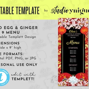 Red Egg & Ginger Aniversário Editável Menu 4 x 9, Red Egg e Ginger Editável Templett Menu 4" x 9", Menu Red Egg Editável, Editar com Templett