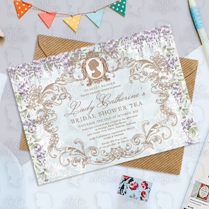 Regency Bridal Shower Tea Party Printable 7&quot; x 5&quot; Invitation, Floral Tea Party Bridal Shower Invitation, High Tea Bridal Shower Invitation