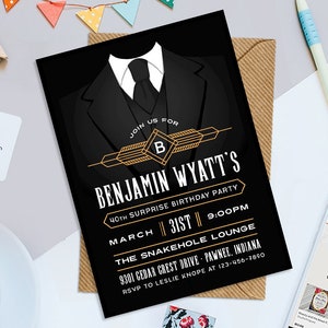 Classic Man Printable  5" x 7" Birthday Invitation, Suit and Tie Birthday Invitation, Classic Man Birthday Invitation, Digital File Only