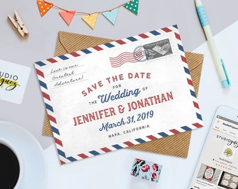 Printable Air Mail Save the Date, Travel Theme Printable 7" x 5" Save the Date, Vintage Mail Save the Date, Destination Theme, Digital File