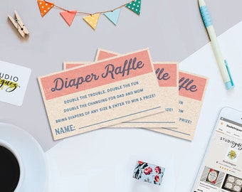 Baseball Printable Diaper Raffle Ticket 3.5" x 2" Insert, Twin Gender Reveal Diaper Raffle Baby Shower Insert, Instant Download