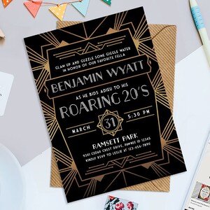 Art Deco Roarin Twenties Theme Birthday Party Printable Invitation, Printable Roaring Twenties 5&quot; x 7&quot; Birthday Party Invitation