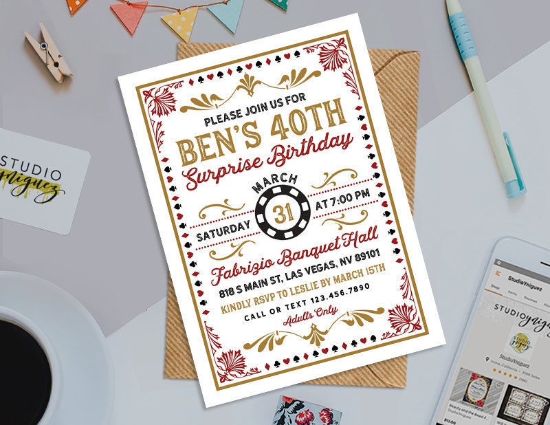 Casino Printable 5 x 7 Birthday Invitation Poker Birthday Invitation Vegas Theme Birthday Invitation Digital File Only