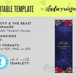 La bella e la bestia cornice dorata e rose fiaba stampabile 2" x 6" segnalibro modificabile Templett, segnalibro Templett, file stampabile