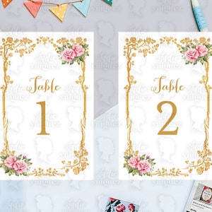 Numeri da tavolo stampabili della fiaba La Bella e la Bestia 5" x 7" e 4" x 6", Oro rosa, Numeri da tavolo stampabili, Download istantaneo, Solo PDF