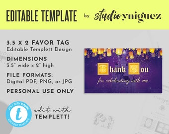 Rapunzel Purple and Gold Fairy Tale Printable 3.5" x 2" Editable Favor Tag, Editable Favor Tag, Editable Templett Favor Tag, Digital File
