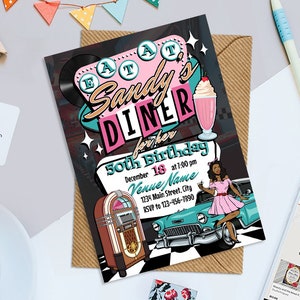 Retro Diner Birthday Party Digital Invitation, Retro Sock Hop Printable 5&quot; x 7&quot; Birthday Party Invitation, Diner Invitation, Digital File