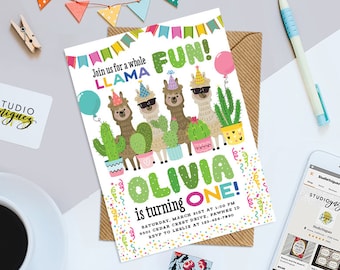 A Whole Llama Fun Birthday Printable 5" x 7" Invitation, Llama Cactus Birthday Shower Invitation, Llama Birthday Invitation