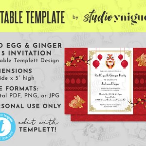 Red Egg Editable 7&quot; x 5&quot; Invitation, Red Egg and Ginger Templett Invitation, Chinese New Years Party Invitation, Editable, Digital File