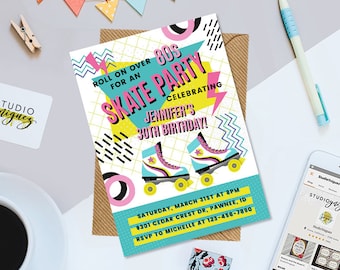 80s Theme Birthday Party Printable Invitation, Skate Party Printable 5" x 7" Invitation, Eighties Theme Invitation