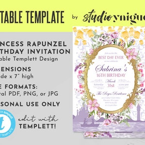 Rapunzel Birthday Editable Invitation, Sweet Sixteen Editable Templett 5&quot; x 7&quot; Invite, Purple and Pink Floral Editable Invitation, Templett