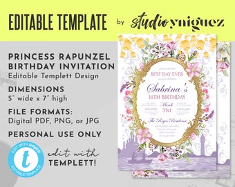 Rapunzel Birthday Editable Invitation, Sweet Sixteen Editable Templett 5" x 7" Invite, Purple and Pink Floral Editable Invitation, Templett