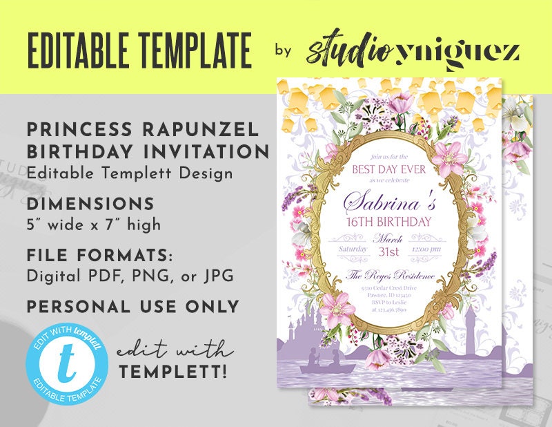 Rapunzel bearbeitbare Geburtstagseinladung, Sweet Sixteen bearbeitbare Templett 12cm x 18cm Invite
