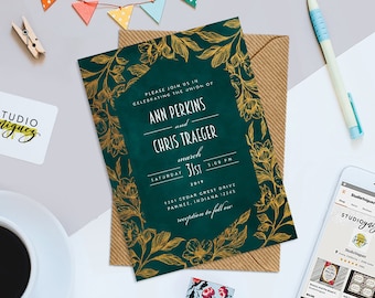 Green Gold Foil Floral Wedding Invitation Design, Printable Wedding Invitation, 5" x 7" Digital Printable Wedding Invitation, Digital File