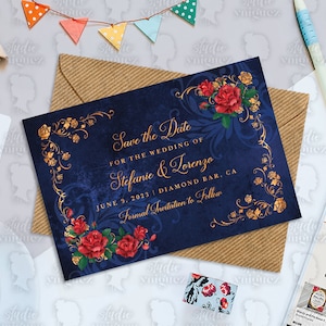 Beauty and the Beast Fairy Tale Printable 6&quot; x 4&quot; Save the Date, Red Roses Gold Frame Save the Date, Save the Date, Digital File Only