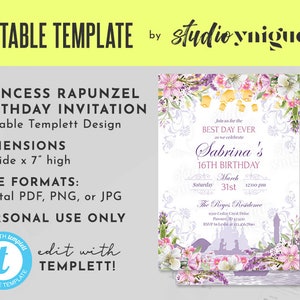 Rapunzel Birthday Editable Invitation, Sweet Sixteen Editable Templett 5&quot; x 7&quot; Invite, Purple and Pink Floral Editable Invitation, Templett