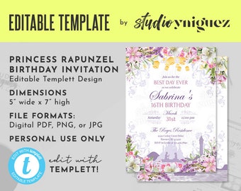 Rapunzel Birthday Editable Invitation, Sweet Sixteen Editable Templett 5" x 7" Invite, Purple and Pink Floral Editable Invitation, Templett