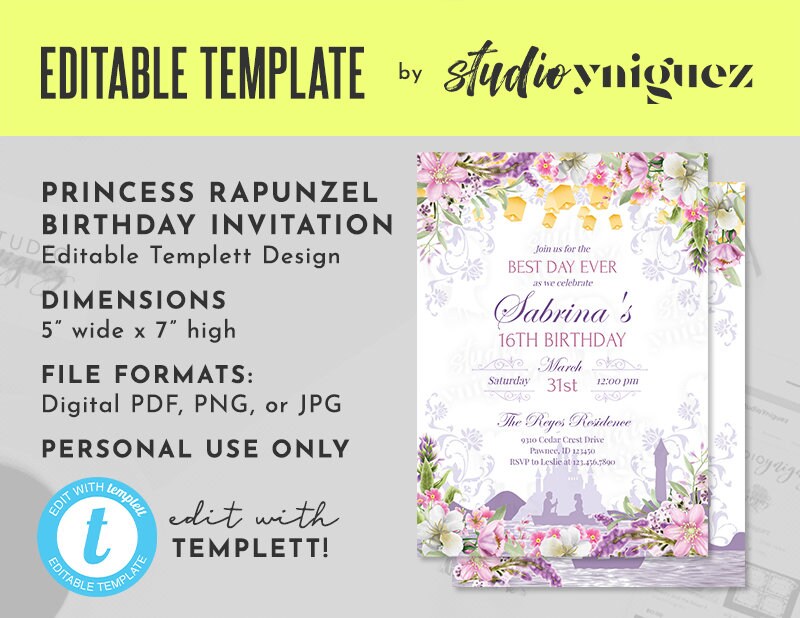 Rapunzel Birthday Editable Invitation Sweet Sixteen Editable Templett 5 x 7 Invite Purple and Pink Floral Editable Invitation